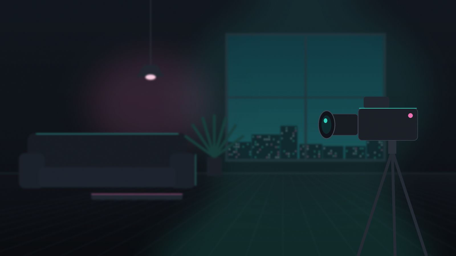 Dark living room lit by teal light, with a video camera on a tripod set up for a property shoot